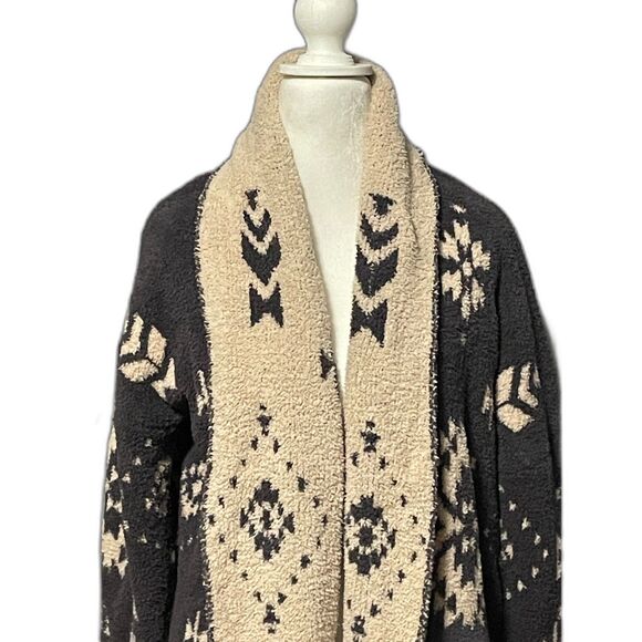 Knox Rose Sherpa Aztec Cardigan Sweater Jacket Beige Black XL Cozy - Picture 3 of 8